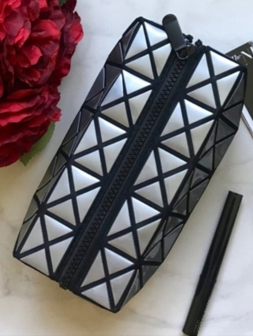 Geometric Metallic Silver Cosmetic Pouch - Black Trim